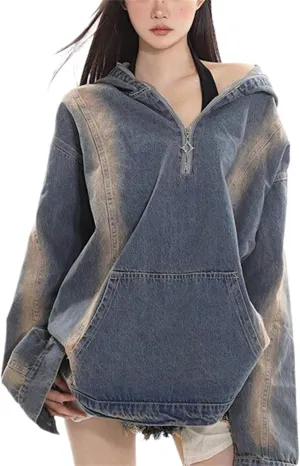 Womens Y2K Oversized Sweatshirts Vintage Half Zip Pullover Distressed Denim Hoodie Jackets Jean With Pockets