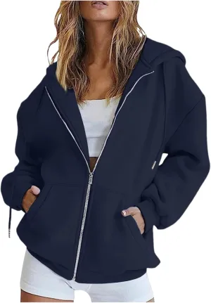 Womens Zip Up Hoodies Long Sleeve Sweatshirts Fall Outfits Oversized Sweaters Casual Solid Fashion Jackets