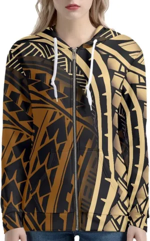 Women's Zip Up Samoa Tapa Polynesian Tribal Hoodies Jacket Samoan Puletasi Drawstring Long Sleeve Sweatshirt
