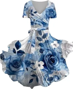 XOWRTE Summer Dresses for Women 2024 Casual V Neck Short Sleeve Sundresses Boho Tank Dress Flowy Beach Dresses with Belt