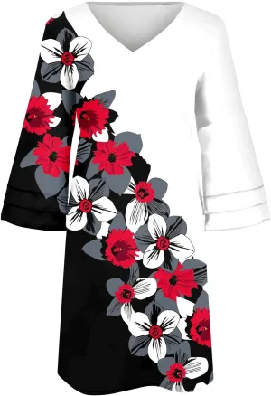 XOWRTE Summer Spring Womens V Neck Cute Shift Dress with Pockets Bell Sleeve Ruffle Hem Loose Swing Summer Tunic Mini Dress