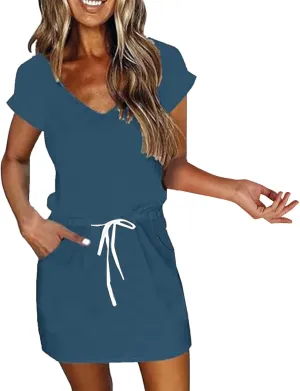 XOWRTE Women's Summer Tie Dresses 2025 Beach Casual Deep V Neck Loose Sundress Ruffle Sleeve Mini Dress A-Line Tunic Dress
