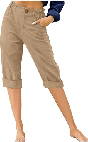 XUNRYAN Bermuda Shorts Women Cotton Linen Capri Pants High Waist Crop Trousers with Pockets Comfy Summer Fall Loungewear