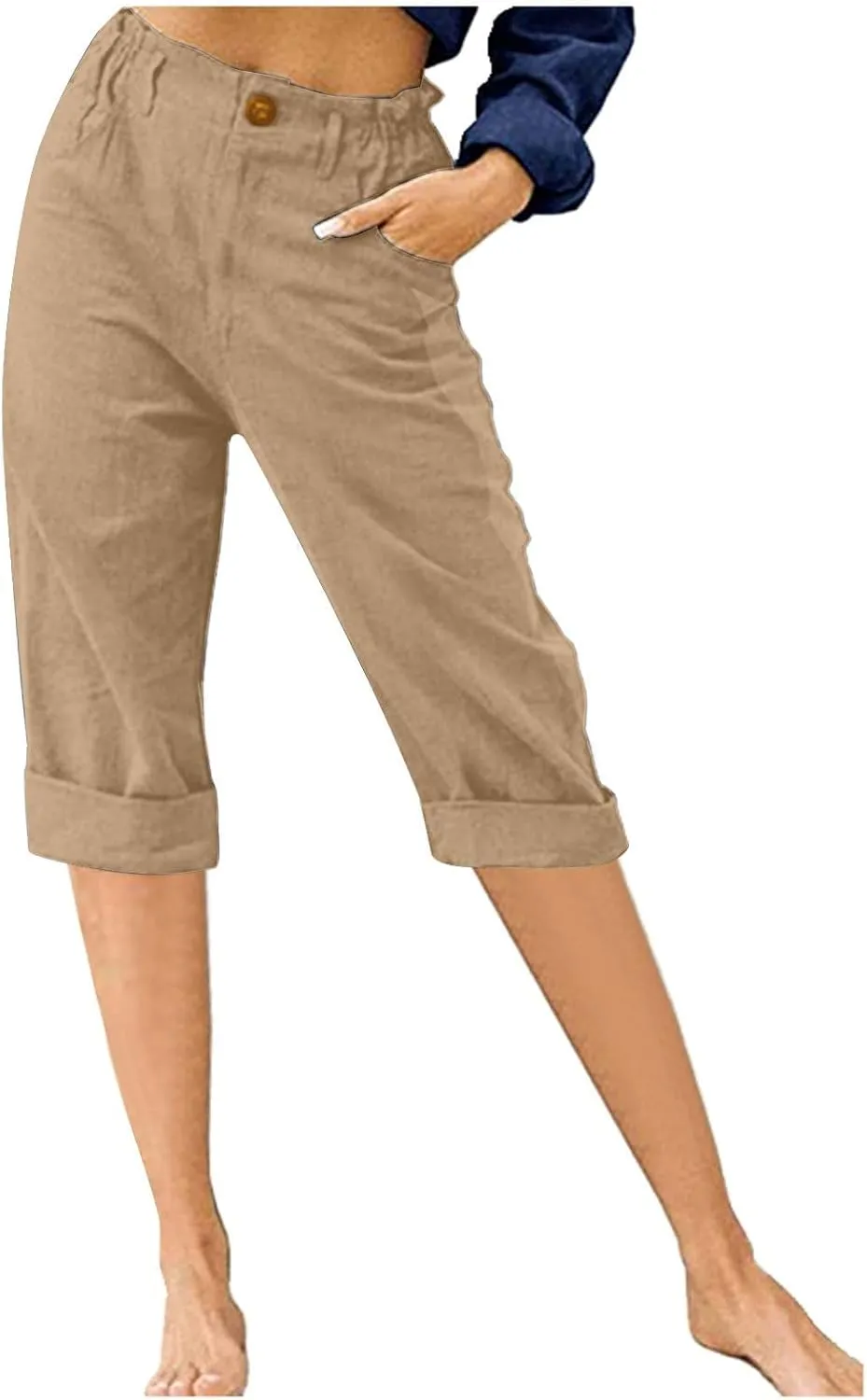 XUNRYAN Bermuda Shorts Women Cotton Linen Capri Pants High Waist Crop Trousers with Pockets Comfy Summer Fall Loungewear