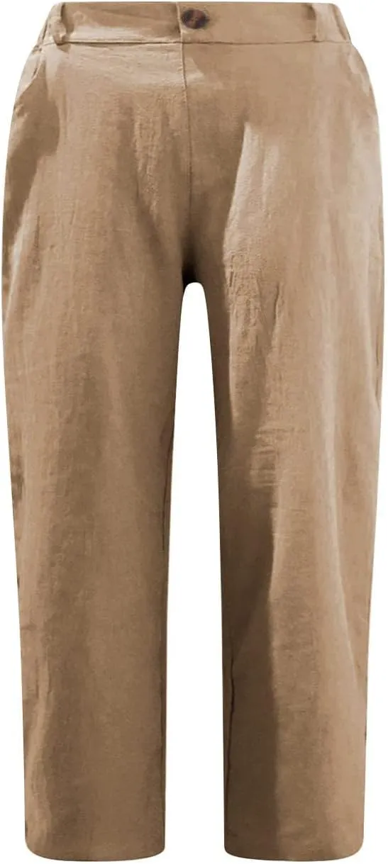 XUNRYAN Bermuda Shorts Women Cotton Linen Capri Pants High Waist Crop Trousers with Pockets Comfy Summer Fall Loungewear