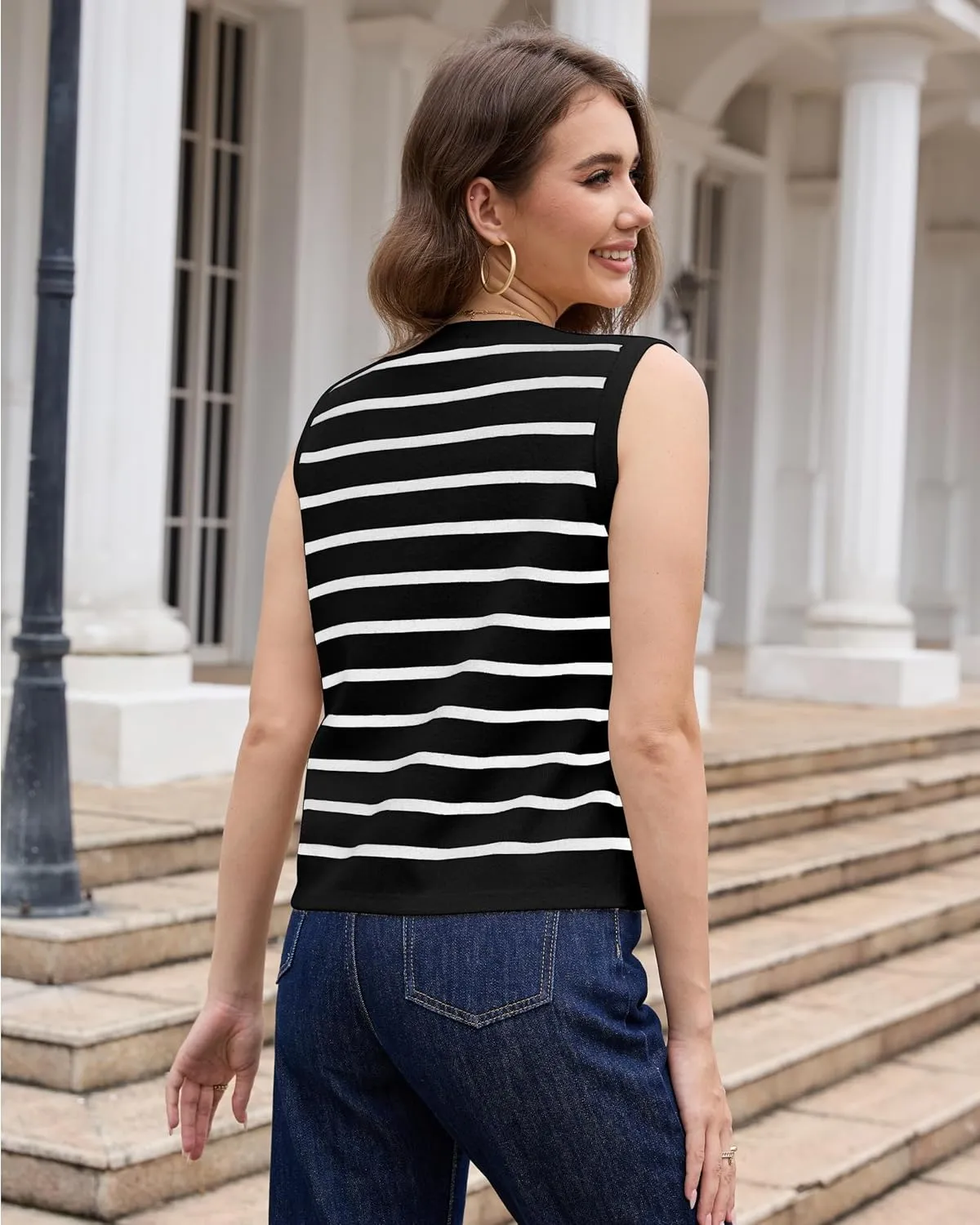 YAMANMAN Sweater Vest for Women Striped Knit Cropped Tank Tops Sleeveless Button Up Cardigan Sweater Vests 2024 Fashion