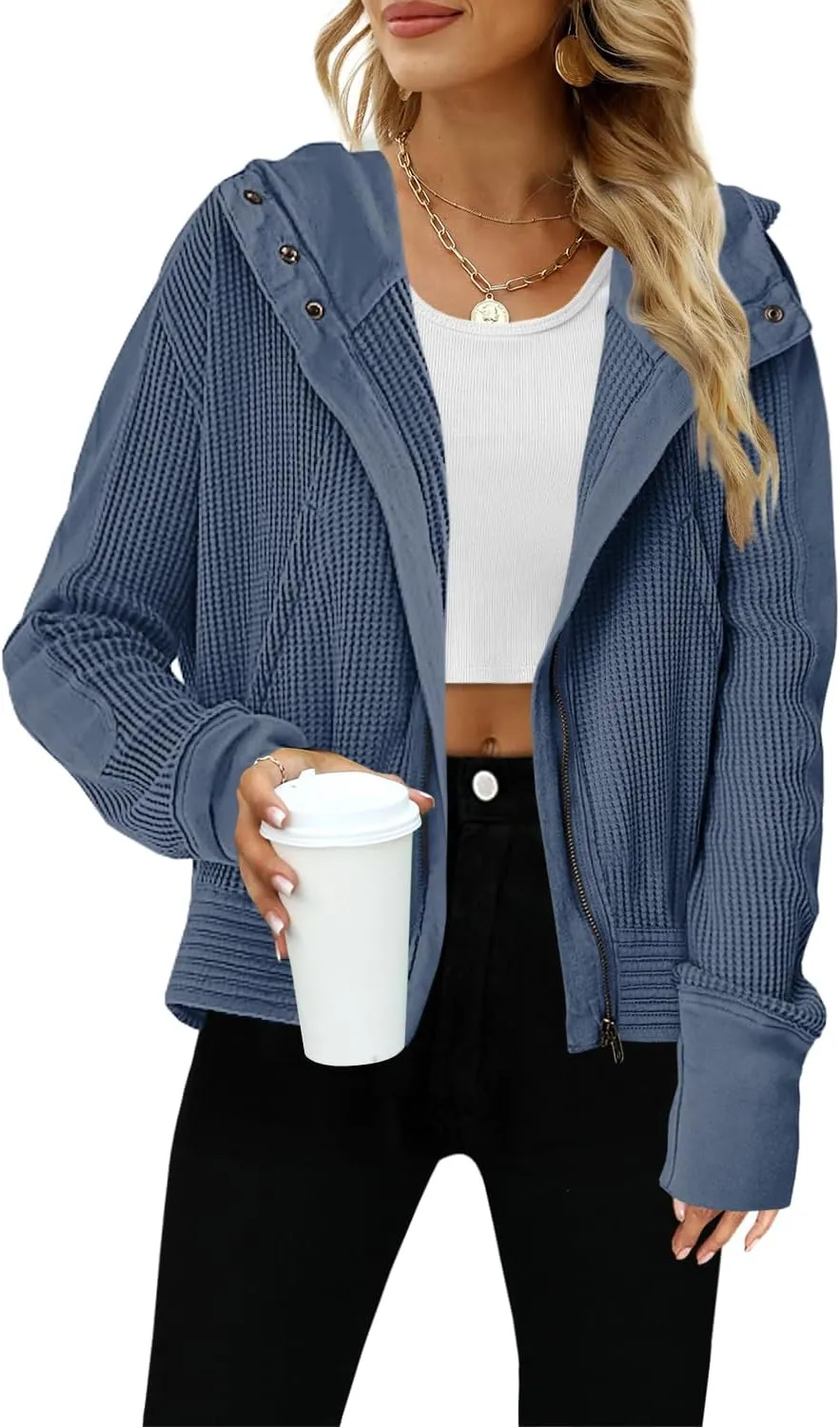 Yanekop Womens Waffle Knit Jackets Zip Up Hoodie Jacket Long Sleeve Cropped Hoodie Fall Outfits Casual Winter Clothes