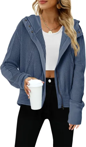 Yanekop Womens Waffle Knit Jackets Zip Up Hoodie Jacket Long Sleeve Cropped Hoodie Fall Outfits Casual Winter Clothes