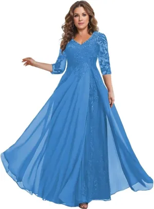 YAUTKA Floral Sequins Mother of The Bride Dresses for Wedding 3/4 Sleeves Lace Chiffon Formal Dress for Women 2025