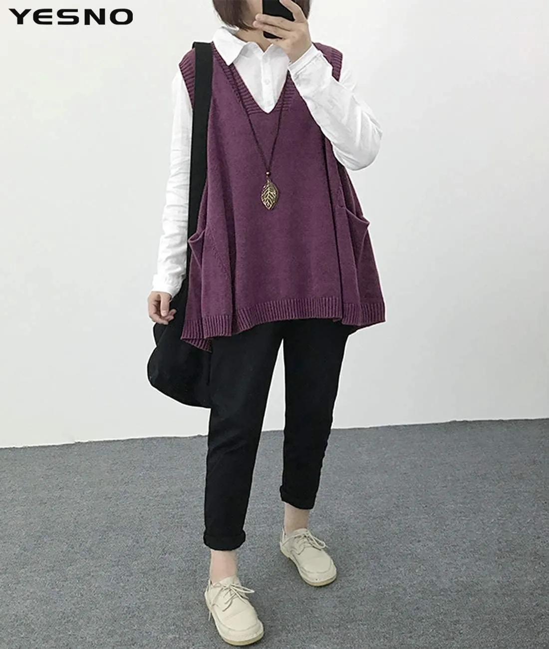 YESNO Sweater Vest Women Loose Swing Cotton Cute Oversized Knit Pullover Sleeveless Sweater Tops with Drop Pockets WM9