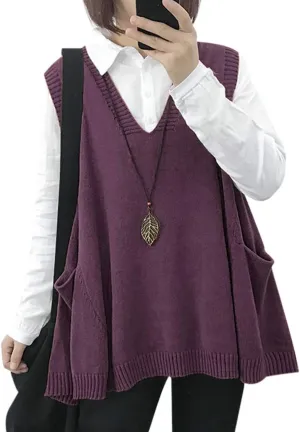 YESNO Sweater Vest Women Loose Swing Cotton Cute Oversized Knit Pullover Sleeveless Sweater Tops with Drop Pockets WM9