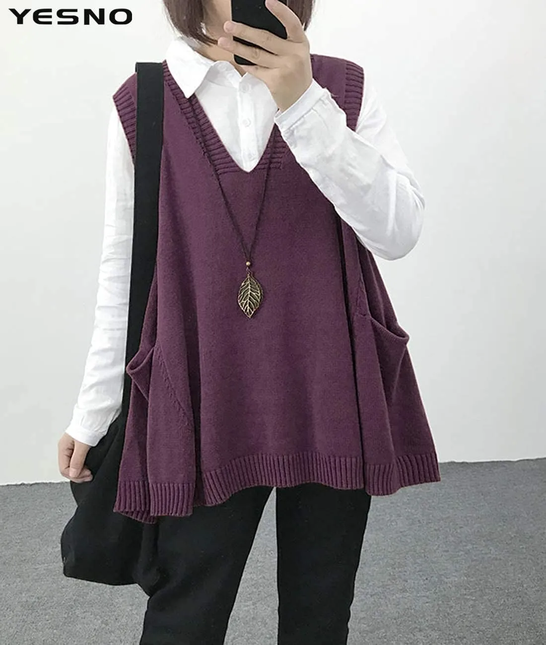 YESNO Sweater Vest Women Loose Swing Cotton Cute Oversized Knit Pullover Sleeveless Sweater Tops with Drop Pockets WM9