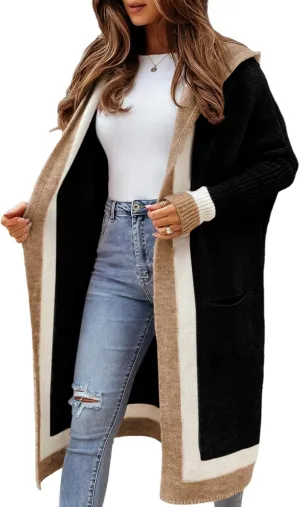 Yimoon Cardigan Sweater for Women Color Block Open Front Hooded Long Cardigan Oversized Knit Sweater Outwear(Black-XL)