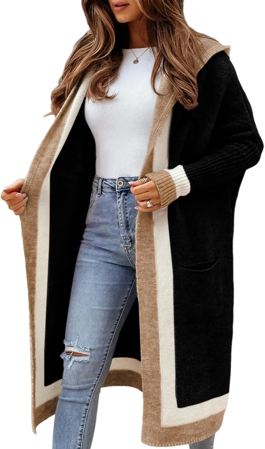 Yimoon Cardigan Sweater for Women Color Block Open Front Hooded Long Cardigan Oversized Knit Sweater Outwear(Black-XL)