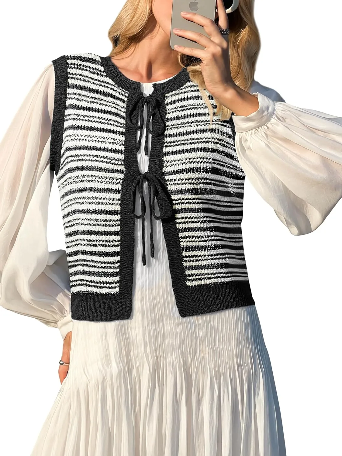 Yousify Womens Crochet Chunky Knit Tops Striped Sweater Vest Sleeveless Sweater Cardigan Bow Tie Open Front Tank Tops