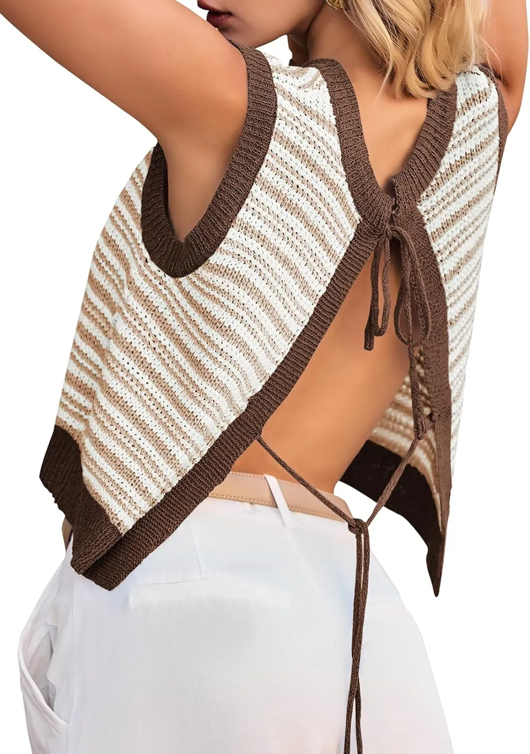 Yousify Womens Crochet Chunky Knit Tops Striped Sweater Vest Sleeveless Sweater Cardigan Bow Tie Open Front Tank Tops