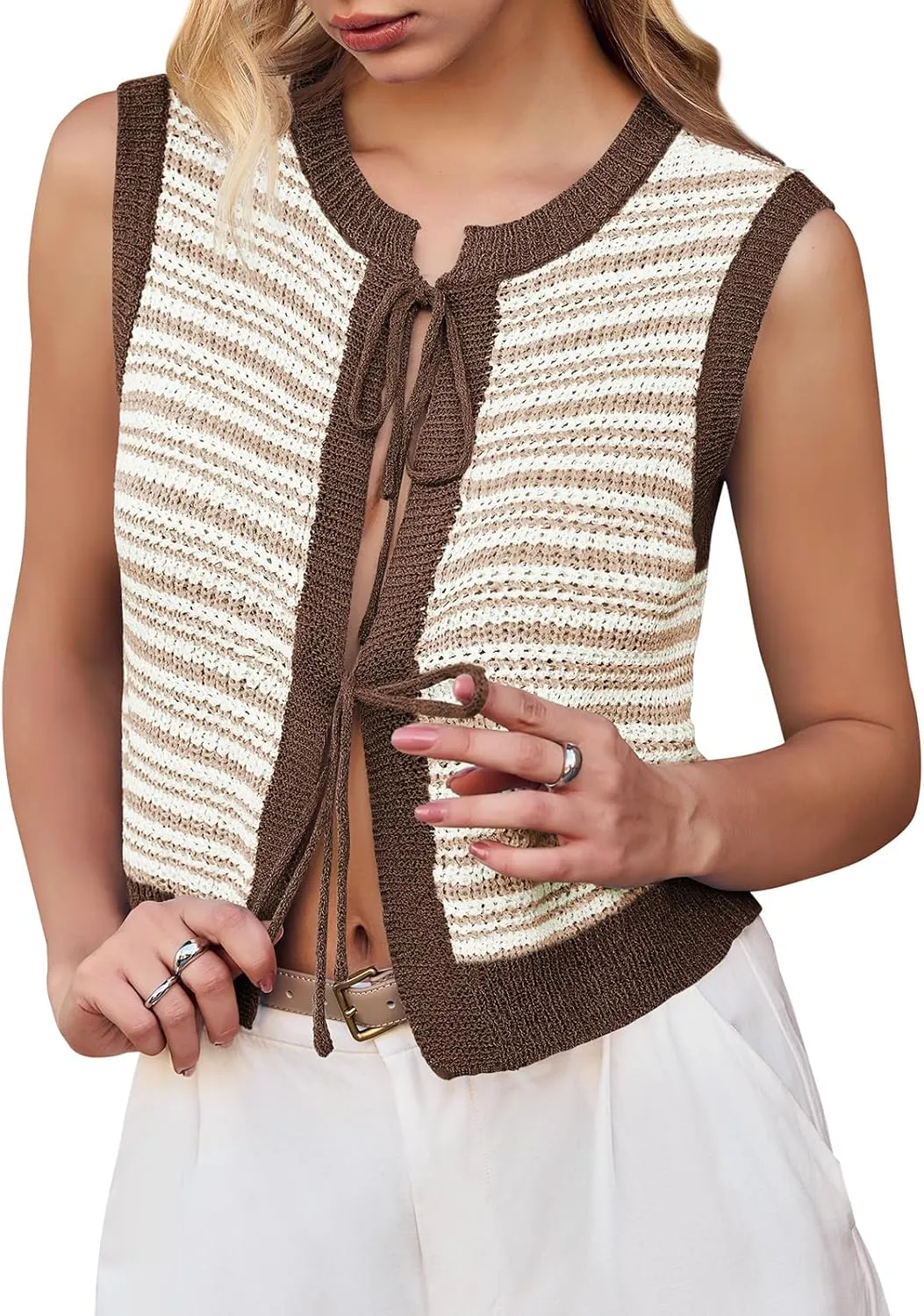 Yousify Womens Crochet Chunky Knit Tops Striped Sweater Vest Sleeveless Sweater Cardigan Bow Tie Open Front Tank Tops