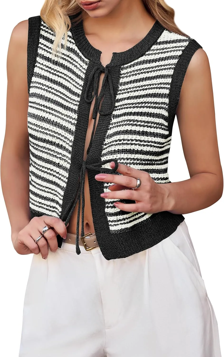 Yousify Womens Crochet Chunky Knit Tops Striped Sweater Vest Sleeveless Sweater Cardigan Bow Tie Open Front Tank Tops
