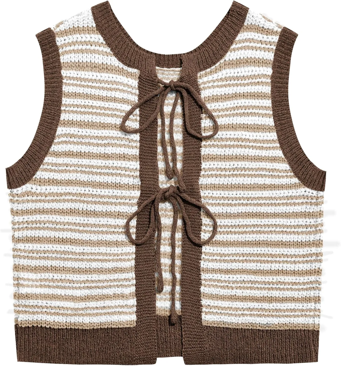 Yousify Womens Crochet Chunky Knit Tops Striped Sweater Vest Sleeveless Sweater Cardigan Bow Tie Open Front Tank Tops