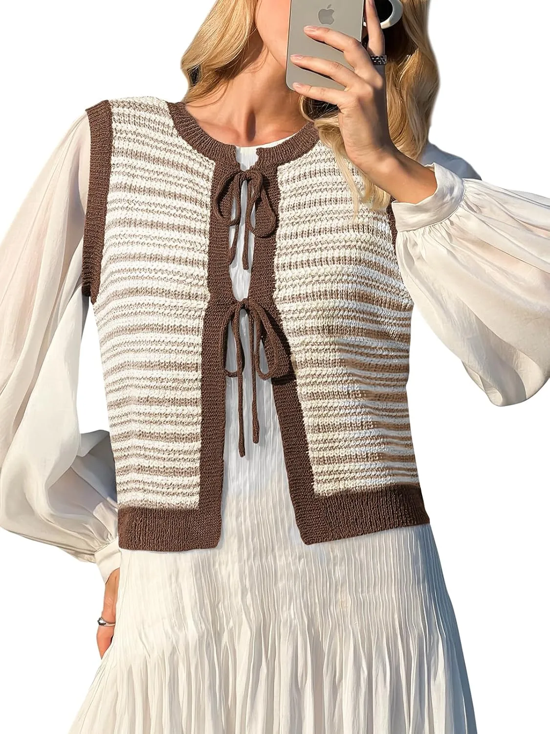 Yousify Womens Crochet Chunky Knit Tops Striped Sweater Vest Sleeveless Sweater Cardigan Bow Tie Open Front Tank Tops
