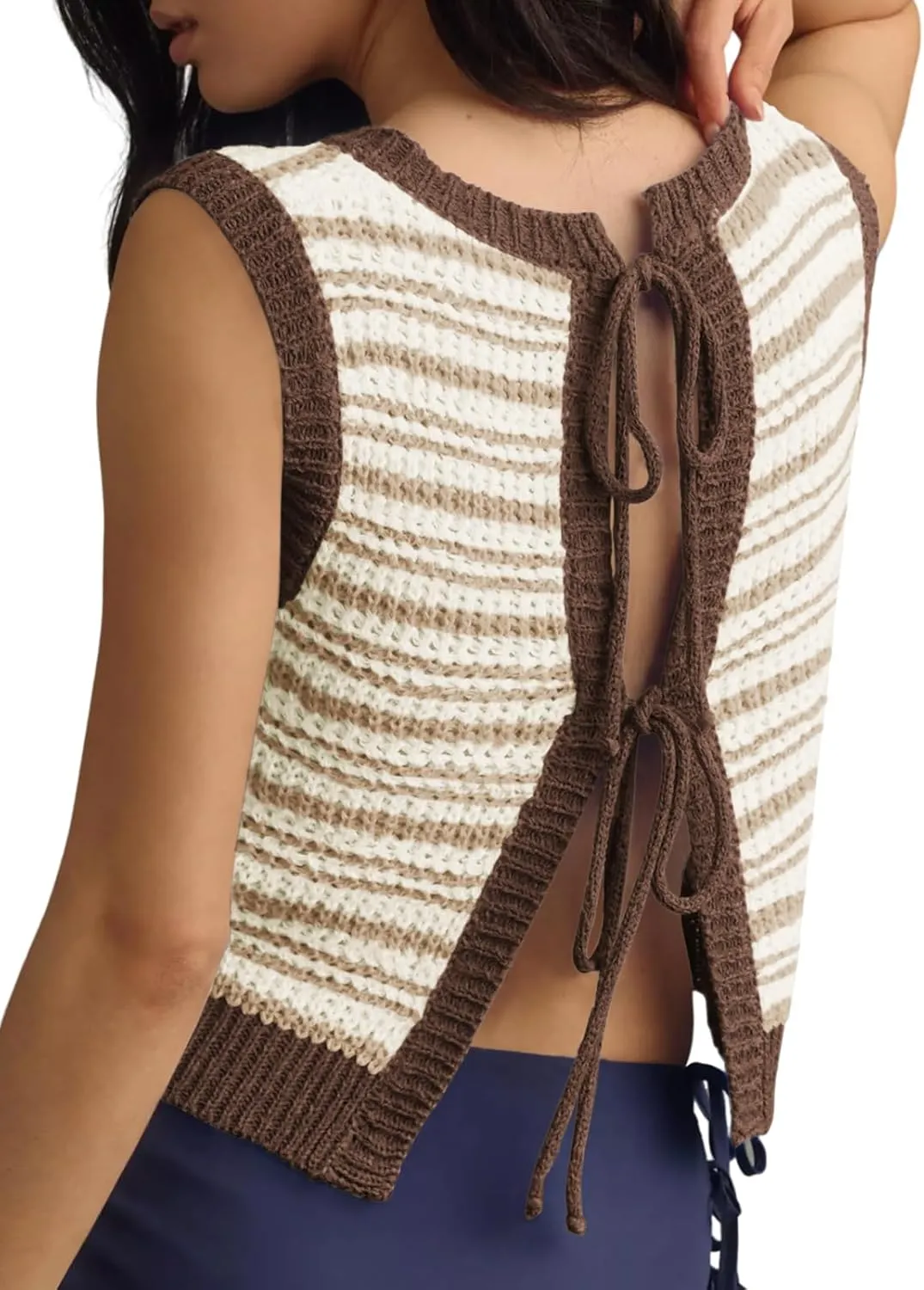 Yousify Womens Crochet Chunky Knit Tops Striped Sweater Vest Sleeveless Sweater Cardigan Bow Tie Open Front Tank Tops