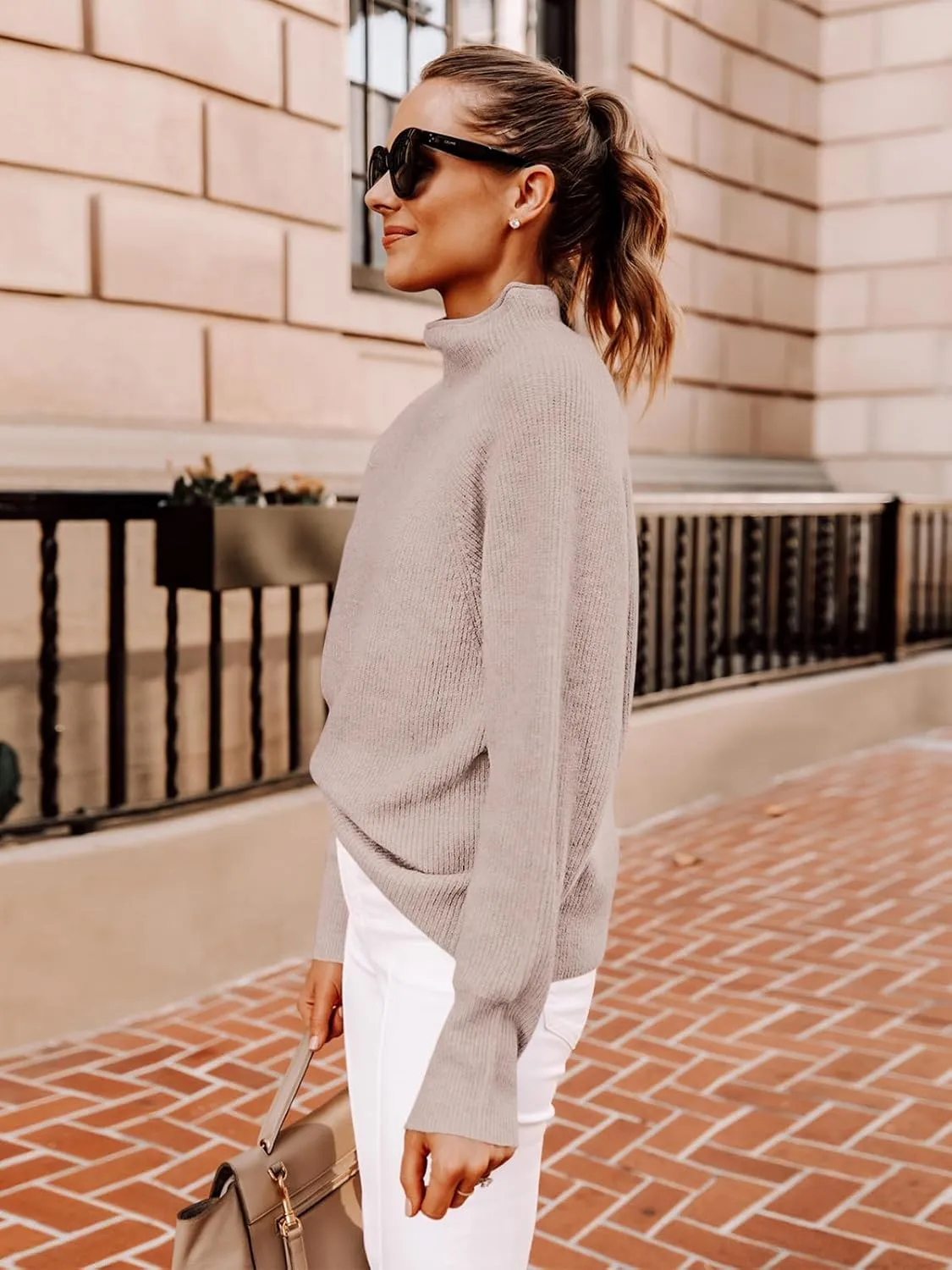 Yousify Womens Ribbed Mock Neck Batwing Sleeve Sweater Loose Knitted Pullover Sweaters Jumper Tops