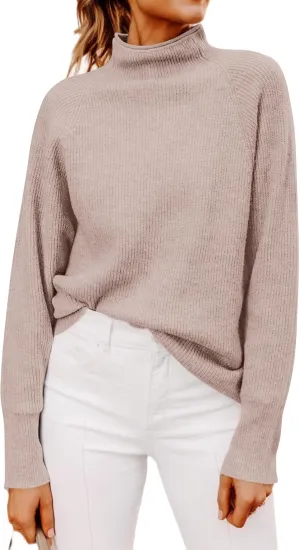 Yousify Womens Ribbed Mock Neck Batwing Sleeve Sweater Loose Knitted Pullover Sweaters Jumper Tops