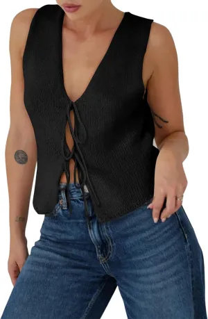 Yousify Womens Sweater Vests Tie Front Knit Vest Summer Ribbed Tank Tops Y2k Cute Vests Fashion Casual Sleeveless Tops