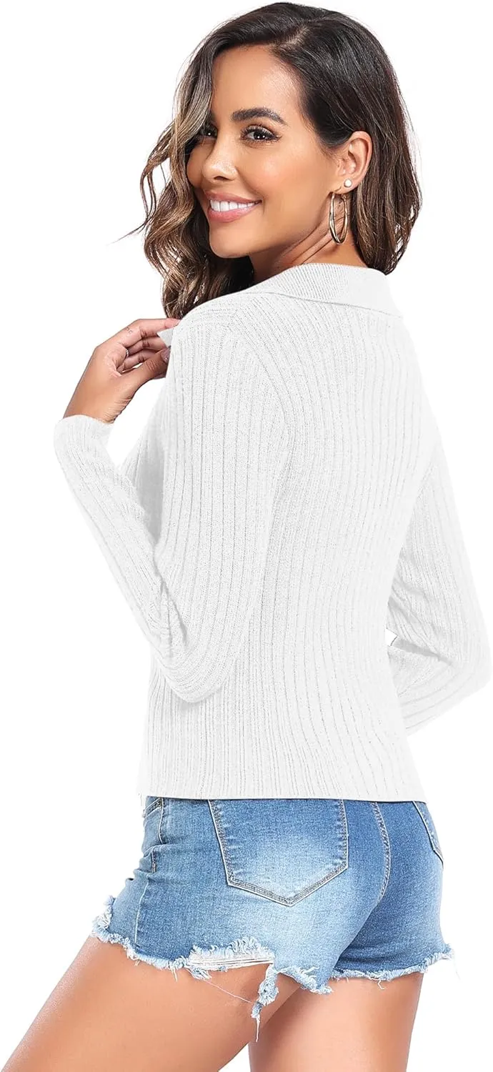 ZAFUL Women's Zip Up Sweater Long Sleeve Polo V Neck Ribbed Knit Slim Cropped Sweater Pullover Jumper Tops