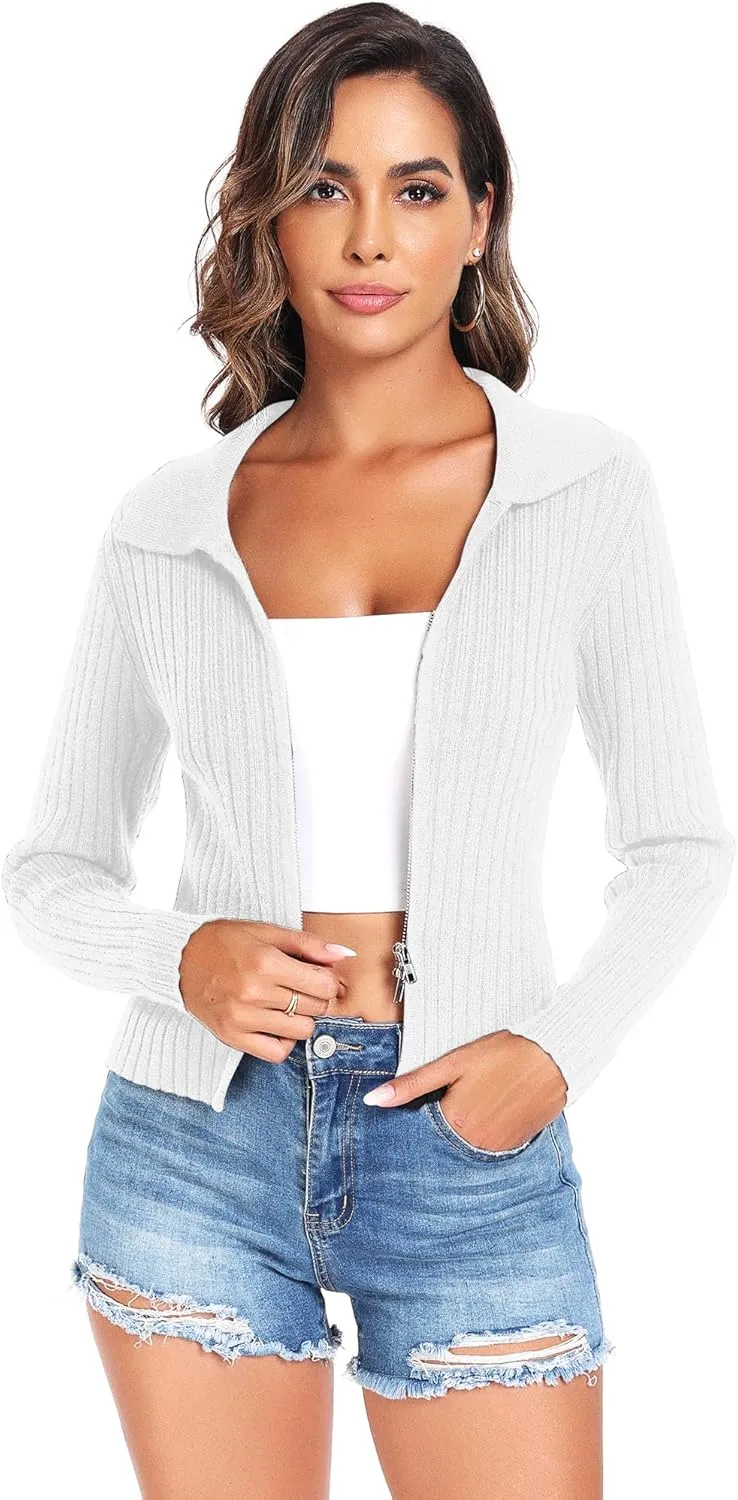 ZAFUL Women's Zip Up Sweater Long Sleeve Polo V Neck Ribbed Knit Slim Cropped Sweater Pullover Jumper Tops