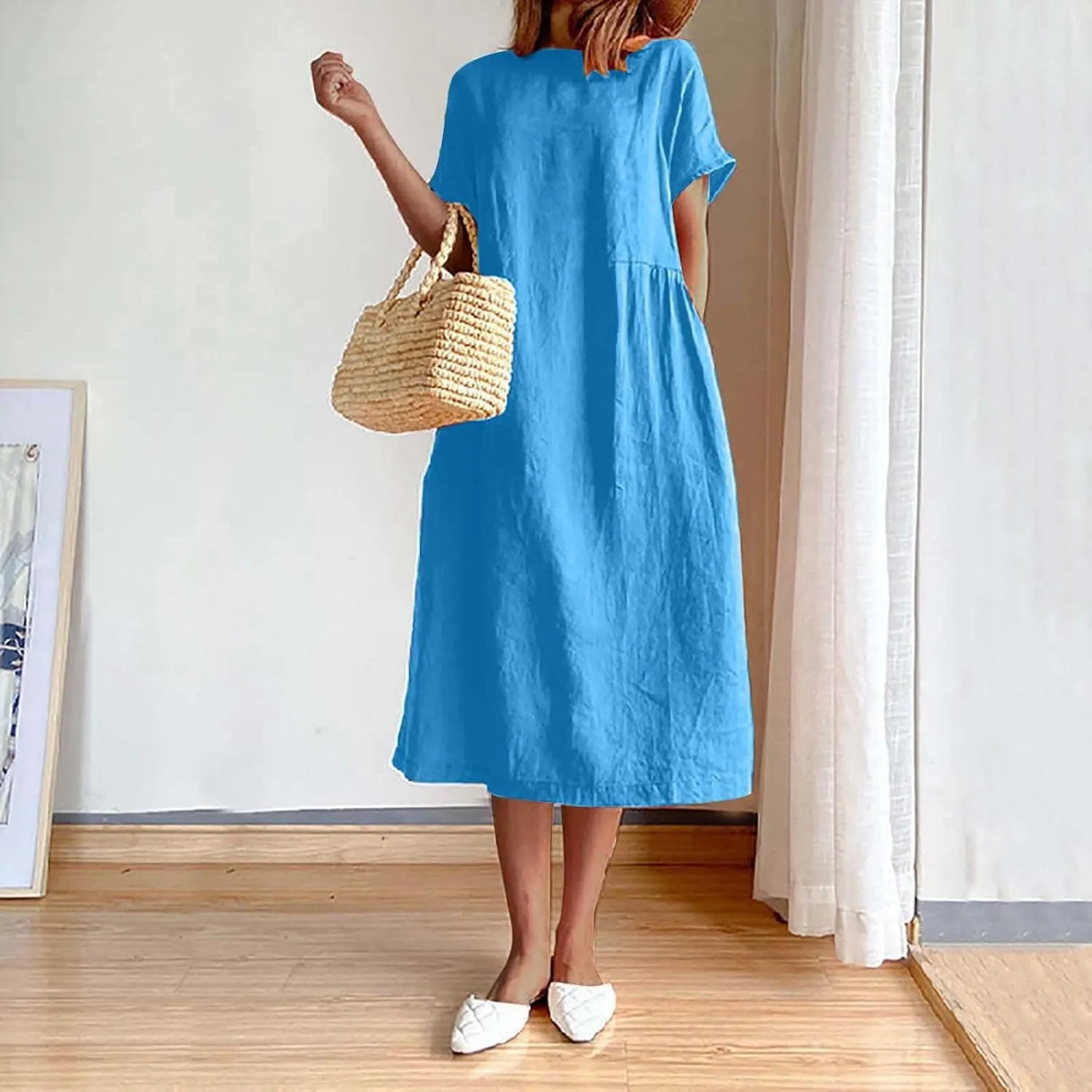ZDRZK Beach Dresses for Women Cotton Linen Short Sleeve Crewneck Maxi Dress Oversized Loose Fit Casual Summer Dress