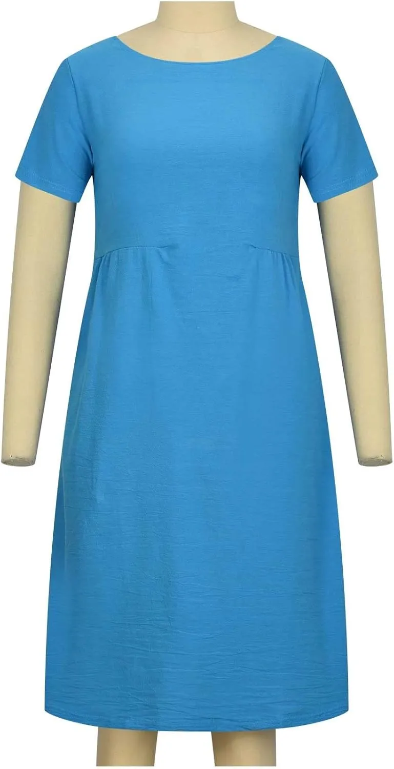 ZDRZK Beach Dresses for Women Cotton Linen Short Sleeve Crewneck Maxi Dress Oversized Loose Fit Casual Summer Dress