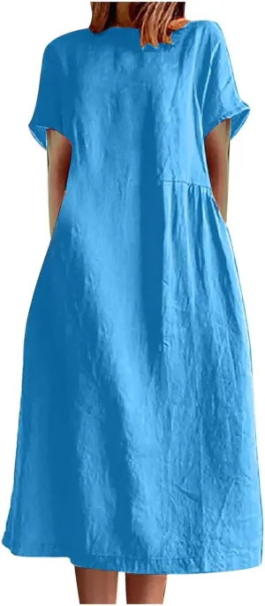 ZDRZK Beach Dresses for Women Cotton Linen Short Sleeve Crewneck Maxi Dress Oversized Loose Fit Casual Summer Dress