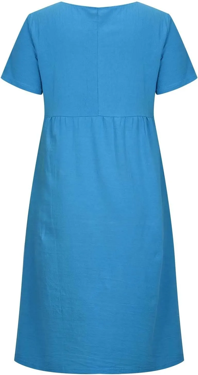 ZDRZK Beach Dresses for Women Cotton Linen Short Sleeve Crewneck Maxi Dress Oversized Loose Fit Casual Summer Dress