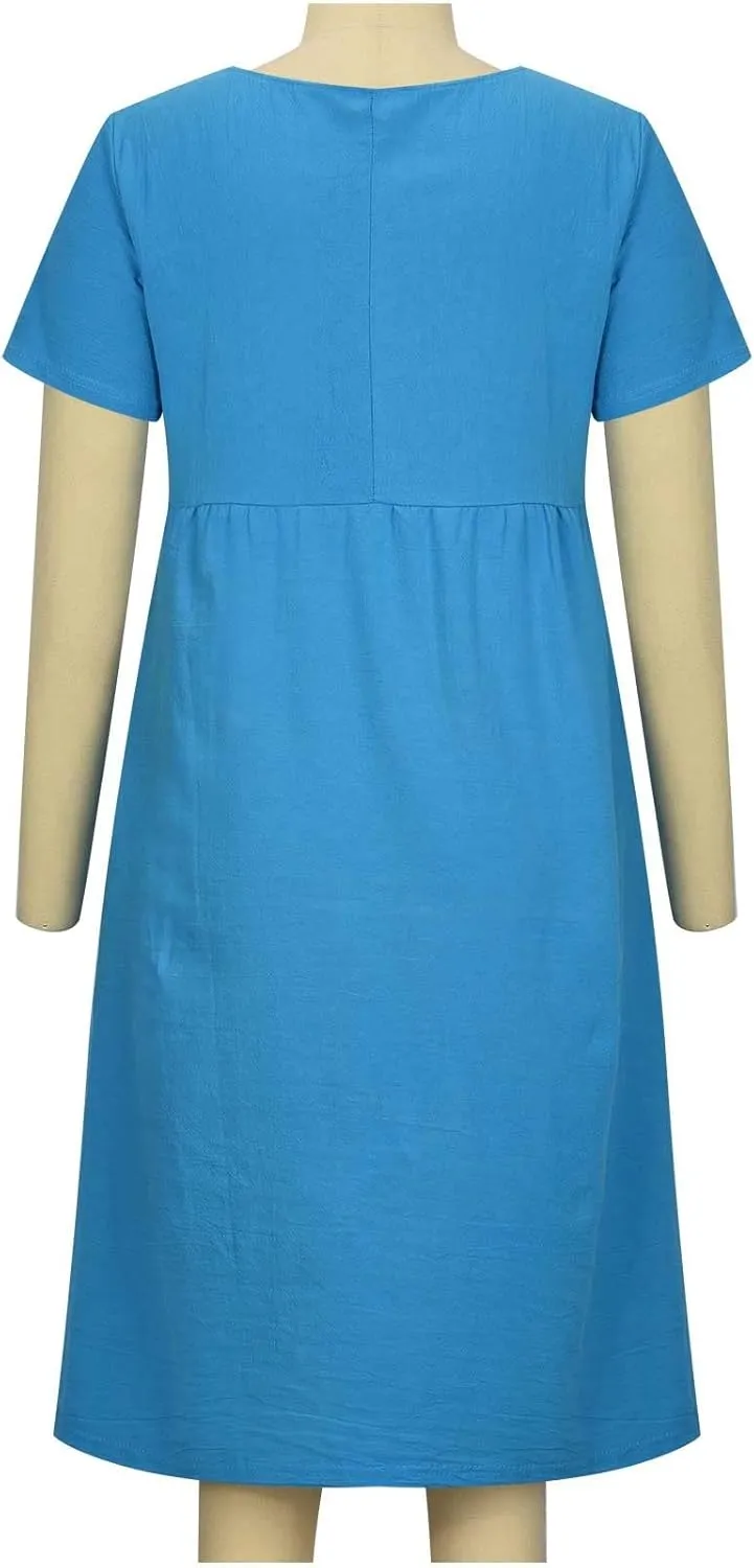 ZDRZK Beach Dresses for Women Cotton Linen Short Sleeve Crewneck Maxi Dress Oversized Loose Fit Casual Summer Dress