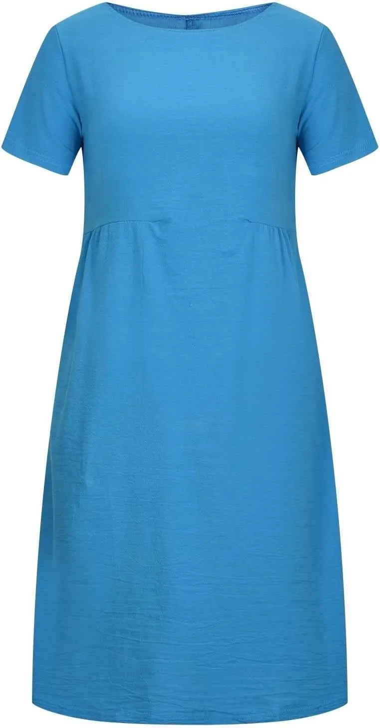 ZDRZK Beach Dresses for Women Cotton Linen Short Sleeve Crewneck Maxi Dress Oversized Loose Fit Casual Summer Dress