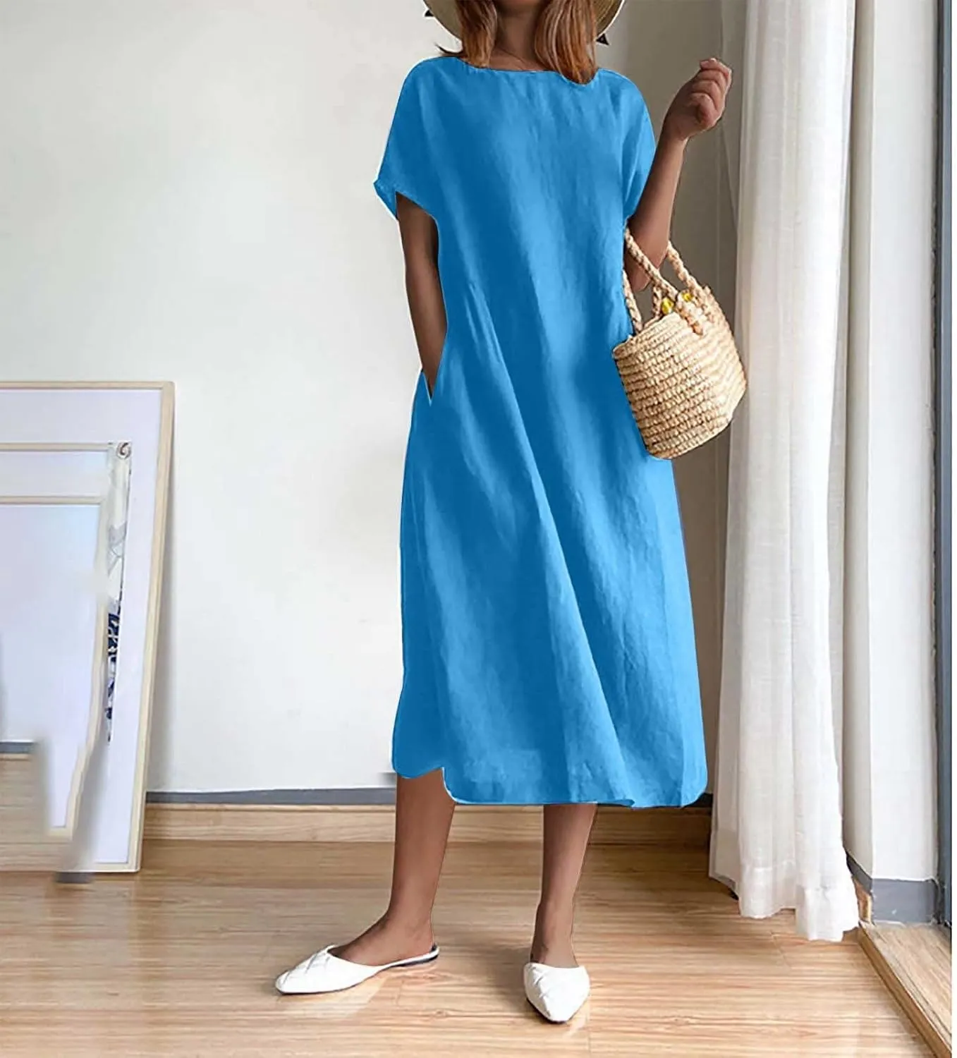ZDRZK Beach Dresses for Women Cotton Linen Short Sleeve Crewneck Maxi Dress Oversized Loose Fit Casual Summer Dress