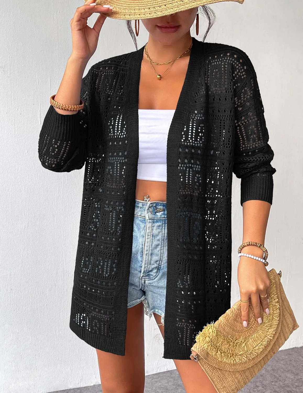 Zeagoo Womens 2025 Summer Crochet Cardigan Sweaters Lightweight Long Sleeve Open Front Kimono Boho Knit Cover Ups