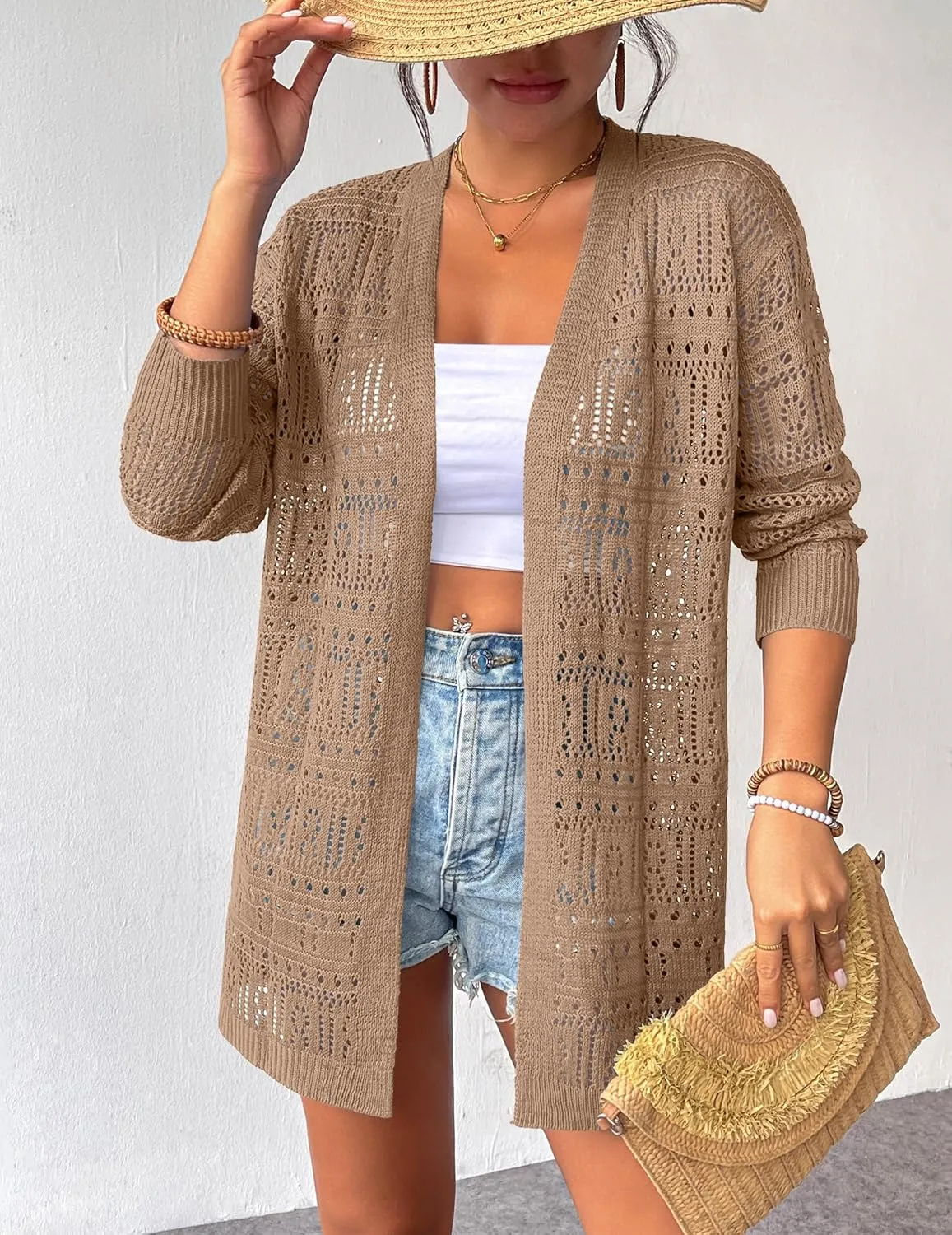 Zeagoo Womens 2025 Summer Crochet Cardigan Sweaters Lightweight Long Sleeve Open Front Kimono Boho Knit Cover Ups