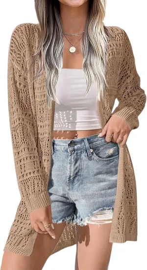 Zeagoo Womens 2025 Summer Crochet Cardigan Sweaters Lightweight Long Sleeve Open Front Kimono Boho Knit Cover Ups