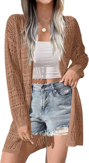 Zeagoo Womens 2025 Summer Crochet Cardigan Sweaters Lightweight Long Sleeve Open Front Kimono Boho Knit Cover Ups