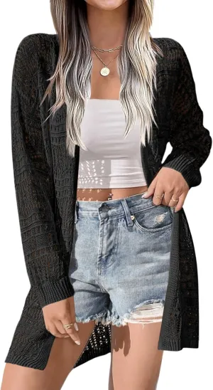 Zeagoo Womens 2025 Summer Crochet Cardigan Sweaters Lightweight Long Sleeve Open Front Kimono Boho Knit Cover Ups