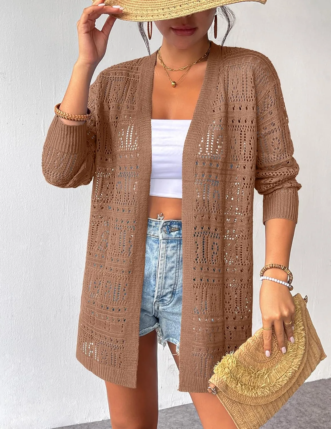 Zeagoo Womens 2025 Summer Crochet Cardigan Sweaters Lightweight Long Sleeve Open Front Kimono Boho Knit Cover Ups