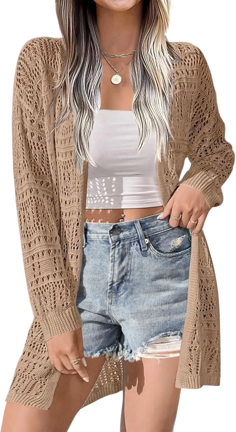 Zeagoo Womens 2025 Summer Crochet Cardigan Sweaters Lightweight Long Sleeve Open Front Kimono Boho Knit Cover Ups
