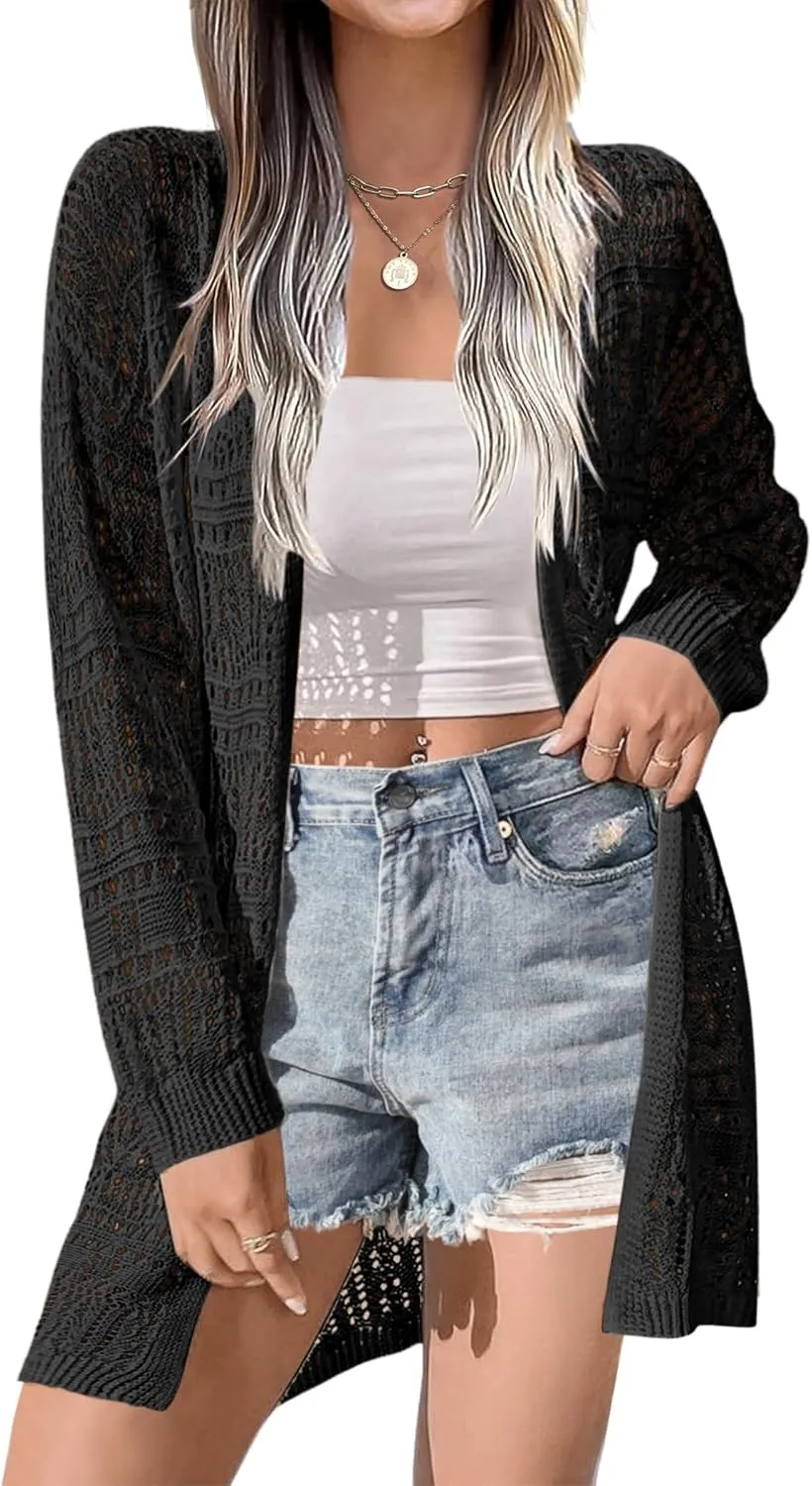 Zeagoo Womens 2025 Summer Crochet Cardigan Sweaters Lightweight Long Sleeve Open Front Kimono Boho Knit Cover Ups