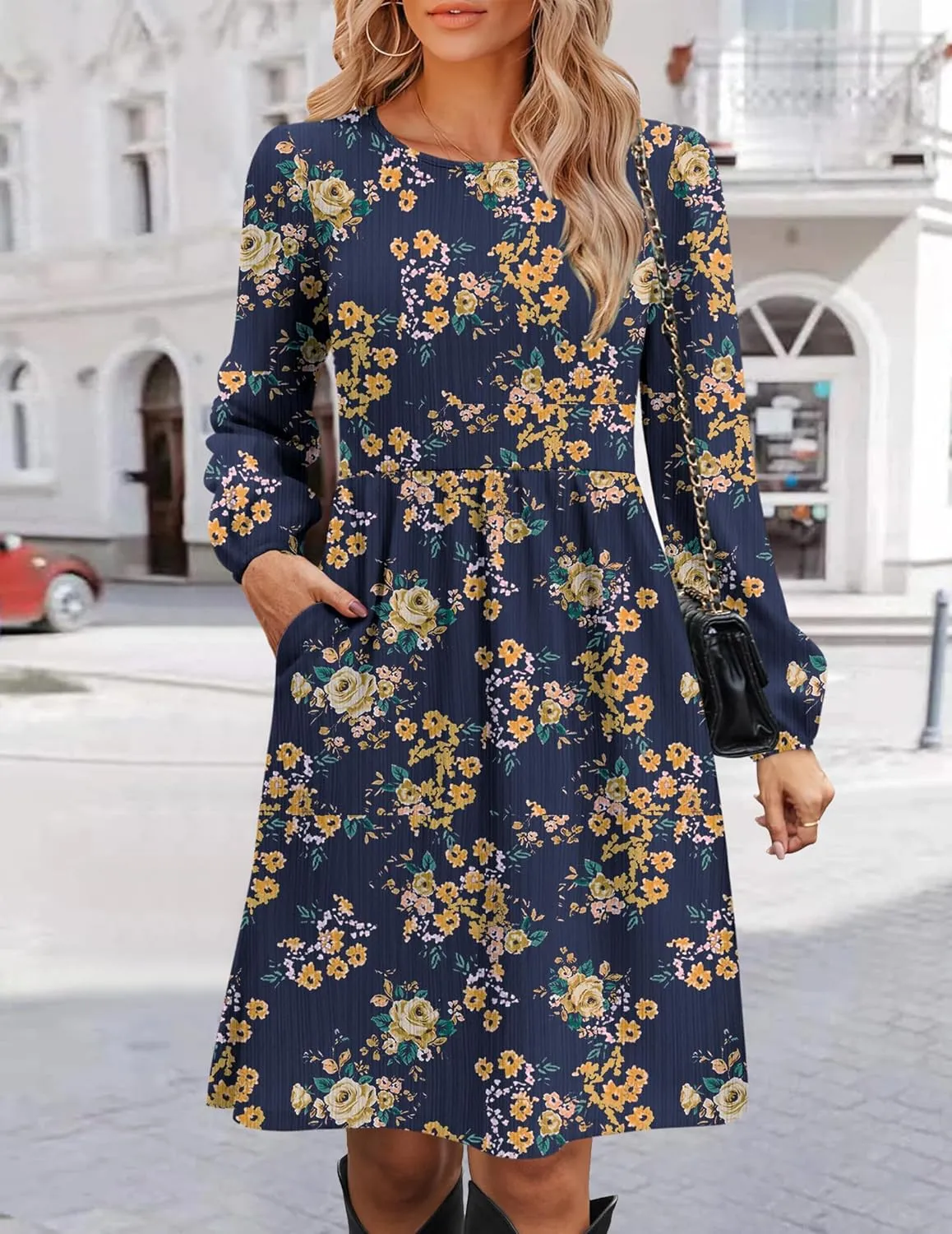 Zeagoo Women's Casual Knit Sweater Dress with Pockets Crew Neck Long Sleeve A-Line Dresses for Women 2024 Fall Dresses