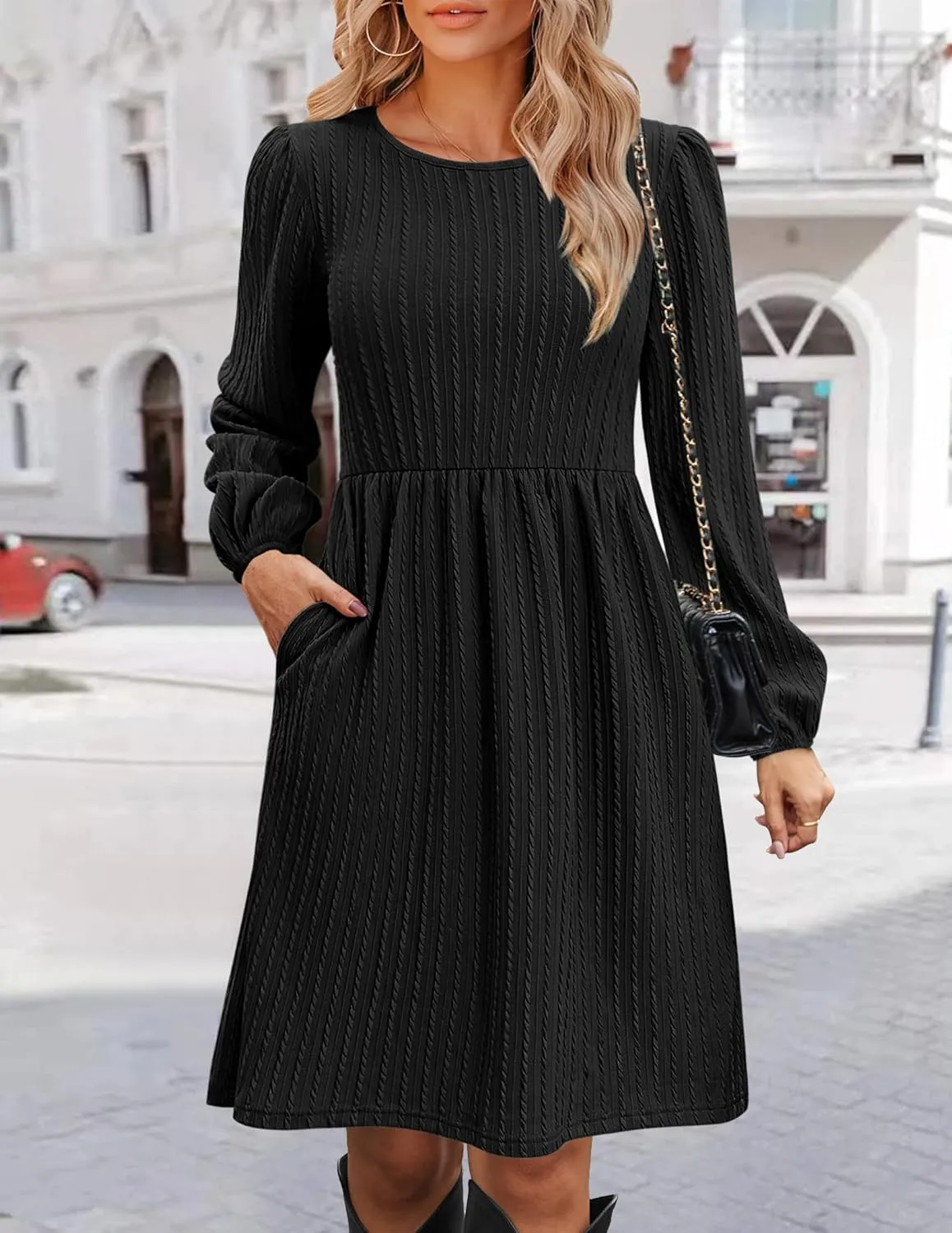 Zeagoo Women's Casual Knit Sweater Dress with Pockets Crew Neck Long Sleeve A-Line Dresses for Women 2024 Fall Dresses