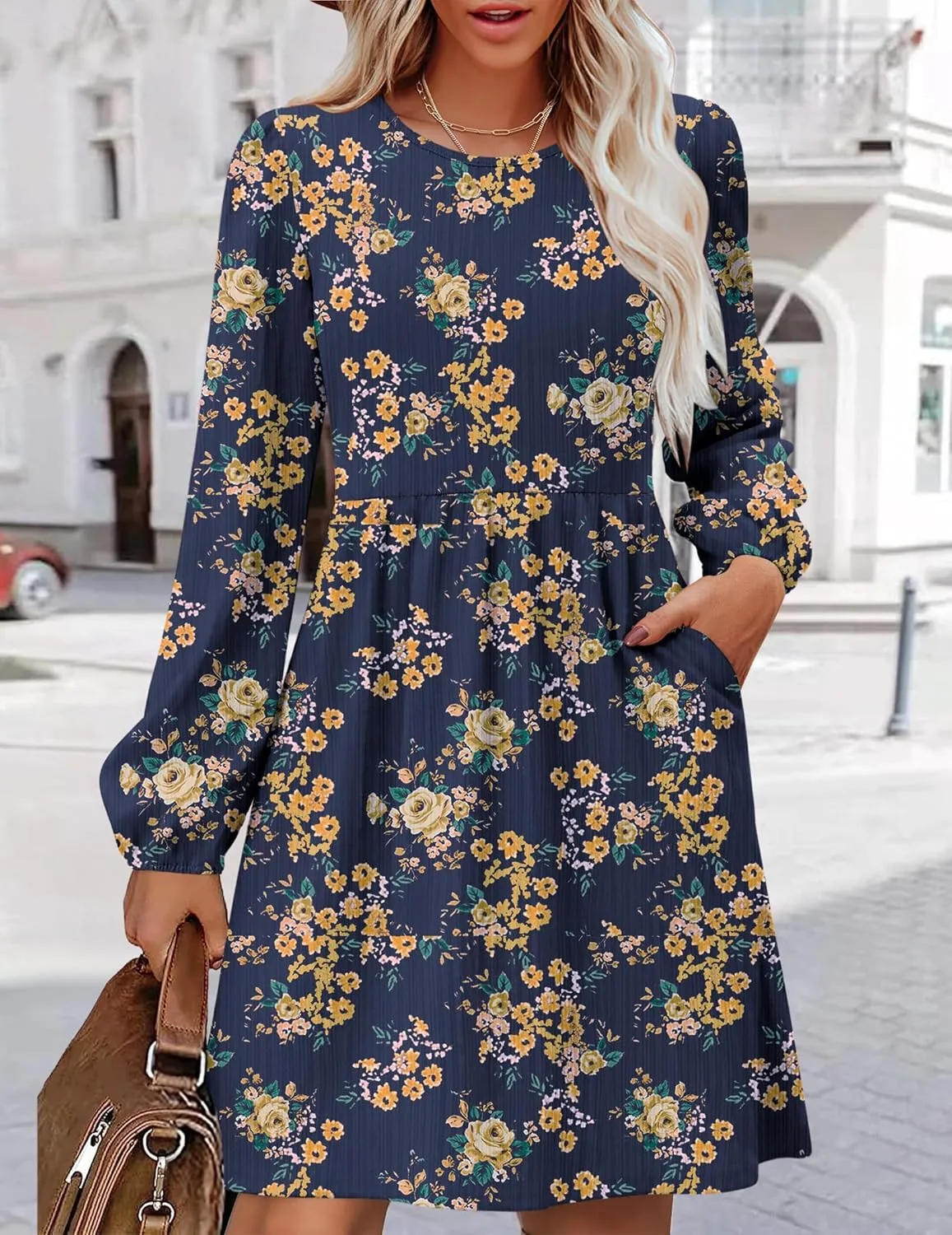 Zeagoo Women's Casual Knit Sweater Dress with Pockets Crew Neck Long Sleeve A-Line Dresses for Women 2024 Fall Dresses