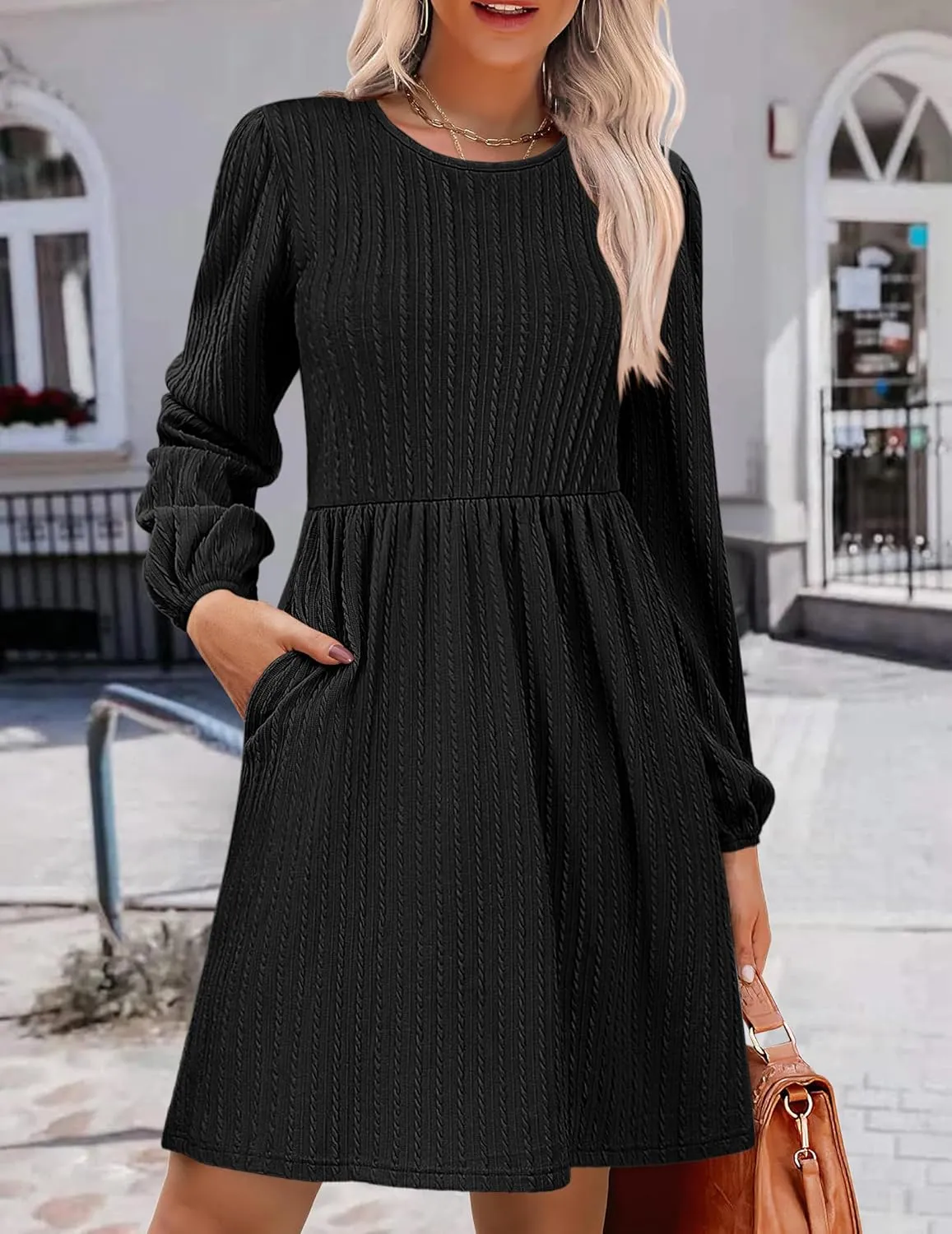 Zeagoo Women's Casual Knit Sweater Dress with Pockets Crew Neck Long Sleeve A-Line Dresses for Women 2024 Fall Dresses