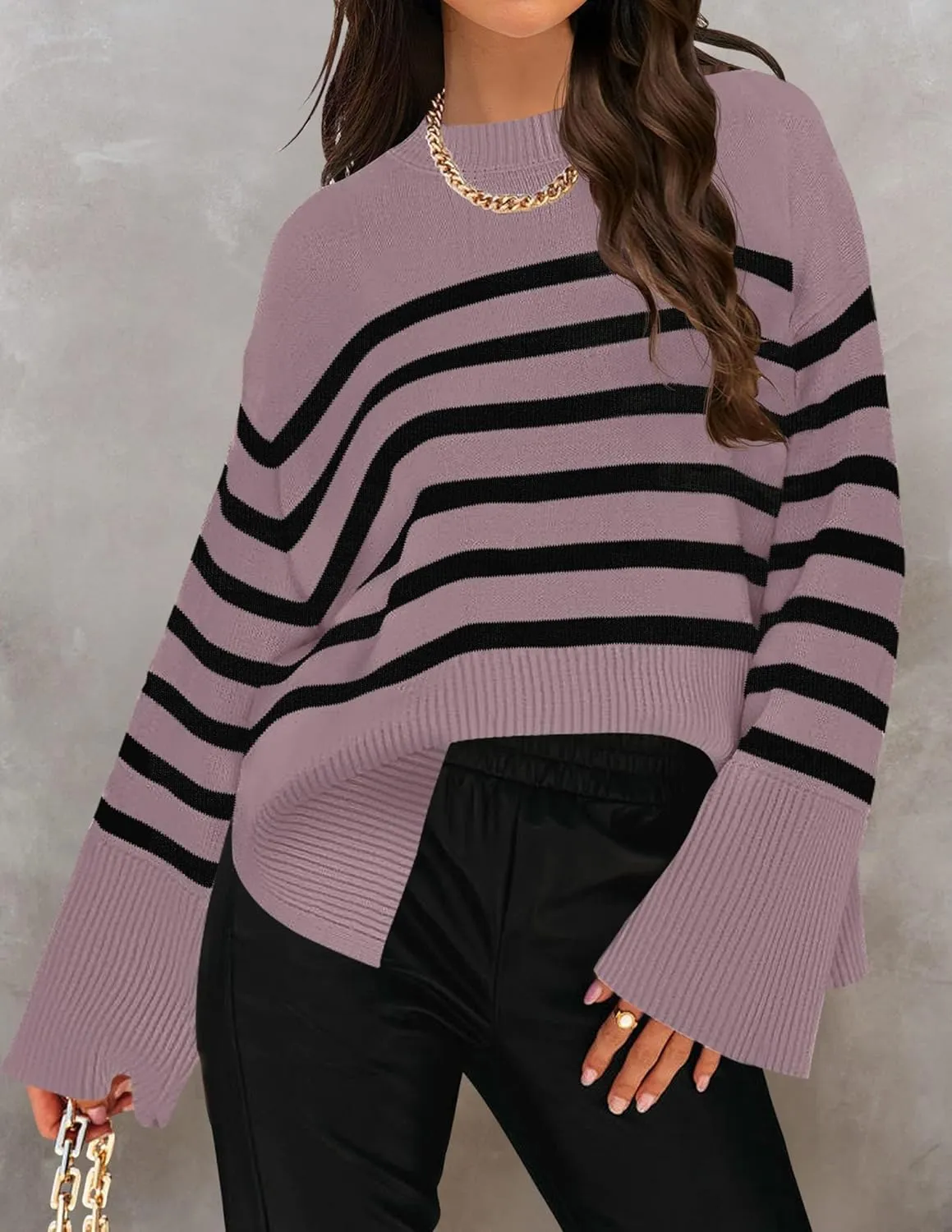 ZESICA Women's Fall Winter Striped Long Sleeve Crew Neck Ribbed Knit Side Slit Oversized Pullover Sweater Jumper Top